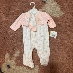 Little Me NWT Girl's 3Months Snap Footed Outfit w/ Hat Pink Bunny Bow Stripes